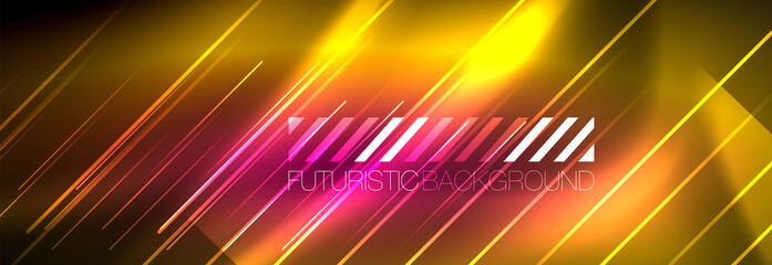 Neon glowing lines, magic energy and light motion background. Vector wallpaper template