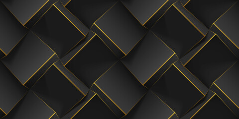 Dark abstract seamless geometric pattern. Realistic 3d cubes with thin golden lines. template for wallpapers, textile, fabric, wrapping paper, backgrounds. Texture with volume extrude effect.