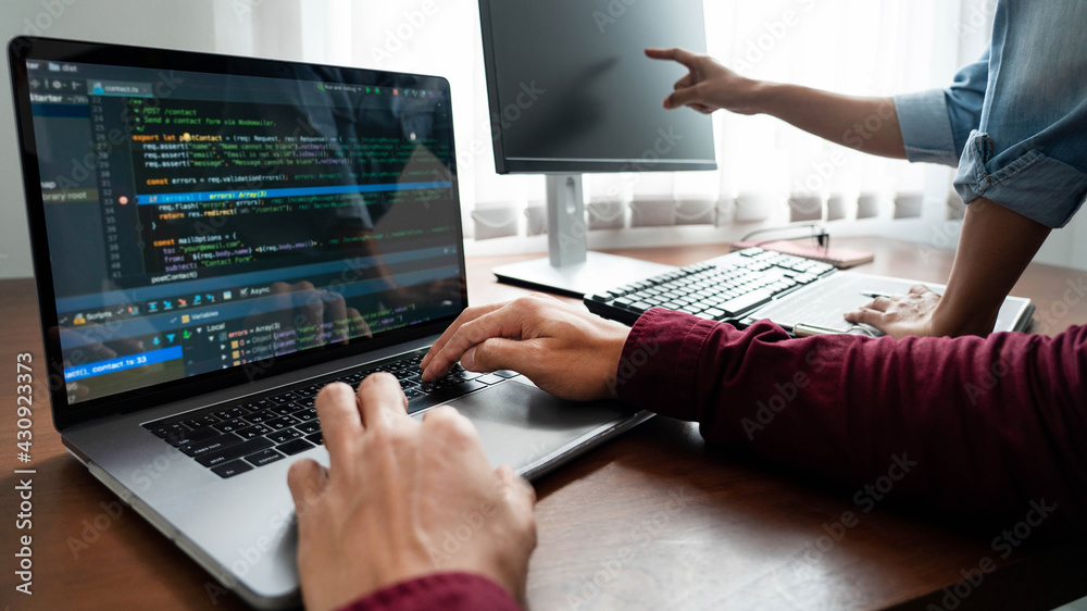 Team of Programmer working to find solution to problem and coding ...