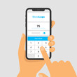 © VDNKL - illustration of phone in hand. The application for paying for purchases on smartphone screen. Enter amount on screen keyboard. Finger touch display. flat infographics.