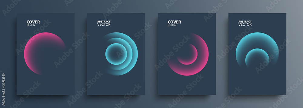 Cover templates set with vibrant gradient round shapes. Futuristic abstract backgrounds with glossy sphere for your creative graphic design. Vector illustration. - obrazy, fototapety, plakaty 
