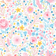 Floral Fabulous Seamless Pattern. Vector Cartoon Cute Flowers In Simple Childish Hand-drawn Scandinavian Style. Colorful Palette On White Background Ideal For Printing Baby Textiles, Clothing
