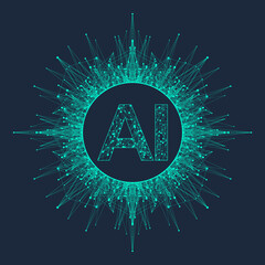 Poster - Artificial Intelligence Logo Plexus effect. Artificial Intelligence and Machine Learning Concept. Vector symbol AI. Neural networks and another modern technologies concepts. Technology sci-fi concept.