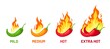 Spicy chili scale. Pepper with fire for spice strength levels mild, medium and extra hot for sauce or food labels, logo and menu, vector set
