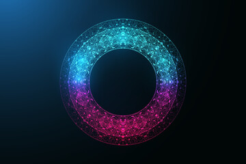 Wall Mural - Digital neon color circle with connecting dots and lines in abstract style. Futuristic digital neon frame. Polygonal neon round shape, vector illustration.