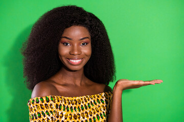 Sticker - Photo of charming cheerful dark skin girl hand palm hold presenting empty space promo isolated on green color background