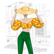 sunny fashion woman outfit with hat and balloon sleaves