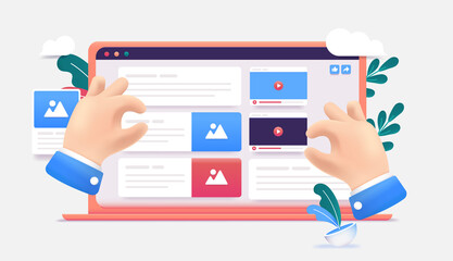 Aufkleber - Web content creation - Illustration of hands building user interface with images, text and video. Website building and strategy concept. Vector format.