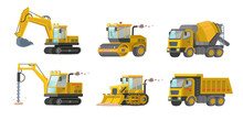 Construction Equipment Set. Construction Site Transport, Truck, Excavator,  Roller, Drill, Loader Bulldozer, Road Roller, Drilling Tractor, Dump Truck, Concrete Mixer.