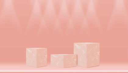 Wall Mural - Minimal Podium display with Cubes Box Marble Stand on empty wall with spotlight in peach colour,Vector 3D Empty Pink showcase in Studio with light and shadow for Product Presentation,Cosmetic or Sale