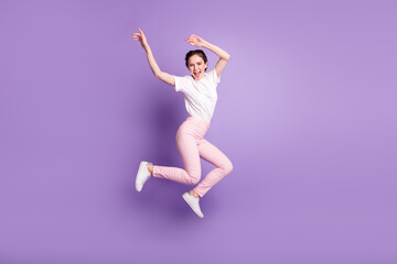 Sticker - Full body profile side photo of young attractive girl happy positive smile jump up isolated over violet color background