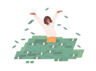 Rich carefree woman throwing money in air, standing in cash heap. Successful wealthy businesswoman. Financial success concept. Colored flat vector illustration isolated on white background