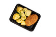 © Надежда Литовка - Lunch box with tasty boiled potato and cutlet. Food delivery. Top view. Isolated. Plastic container take away with tasty boiled potato and cutlet