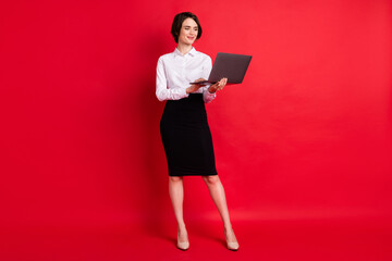 Full length body profile photo business woman working on laptop smiling isolated vibrant red color background