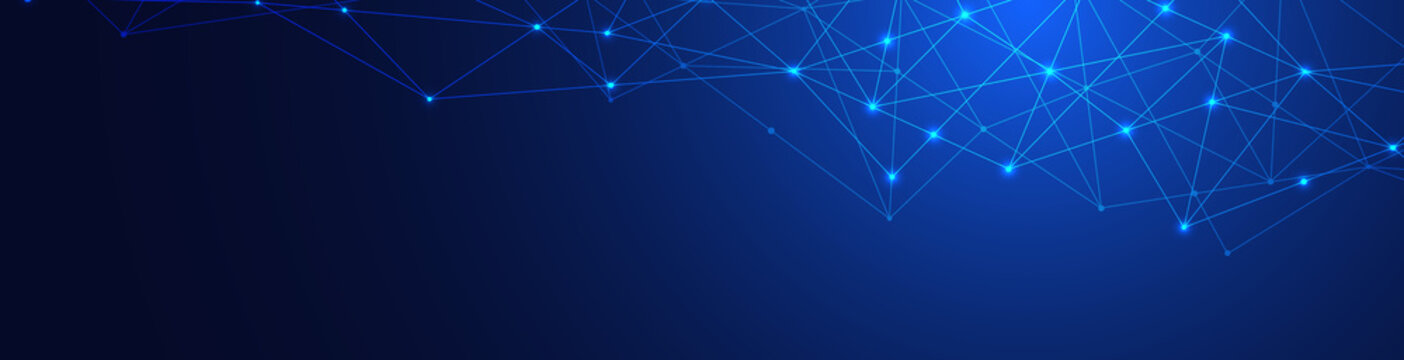 Website header or banner design with abstract geometric background and connecting dots and lines. Global network connection. Digital technology with plexus background and space for your text