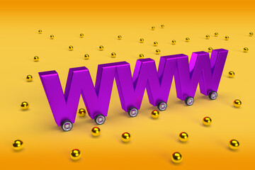 Wall Mural - purple word www on wheels as a car on isolated yellow background with abstract gold ball.