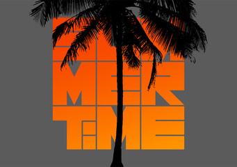 Summer Time typographic vintage poster design with silhouette of palm tree. Vector illustration.