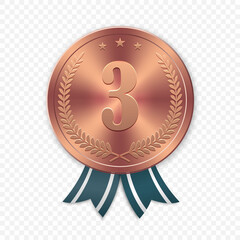 vector 3d realistic bronze medal, first place award