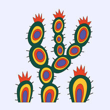 Vector Cactus Sticker In Desert. Funky Groove Mexico Isolated Cactus. Wild West And Hippy 60s And 70s. Vintage Summer Bur Tattoo Template.thorn Succulent Sticker