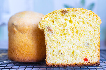 just baked two sponge cakes  on the cooking grill - one of them is cut in half