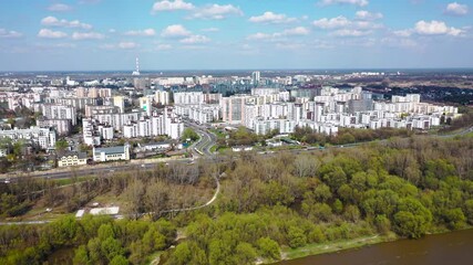 Canvas Print - Arial drone view of Goclaw subdistrict of Praga Poludnie district in Warsaw city, Poland, 4k video