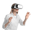 © New Africa - Young woman using virtual reality headset on white background