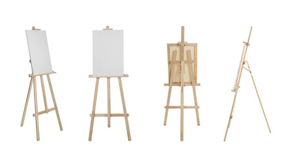 Set with wooden easels on white background. Banner design