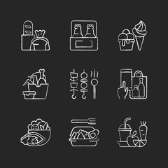 Poster - Pickup and delivery option chalk white icons set on black background. Bakery products. Beer. Ice cream. Chicken wings and legs bucket. Shish kebabs. Isolated vector chalkboard illustrations