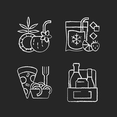 Wall Mural - Pickup and delivery option chalk white icons set on black background. Coconut cocktail. Frozen beverage. Pizza and pasta. Alcoholic drinks. Pina colada. Isolated vector chalkboard illustrations