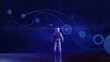 Astronaut in virtual space with abstract navigation display - illumnated by neon lights | Sci-Fi Time & Space Travel Konzept | 3D Render Illustration