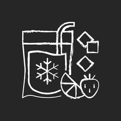 Sticker - Slushy drinks-to-go chalk white icon on black background. Frozen carbonated beverage. Blended drinks with ice and fruits. Slushie. Strawberry, citrus flavor. Isolated vector chalkboard illustration