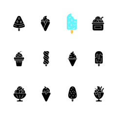 Wall Mural - Ice cream varieties black glyph icons set on white space. Watermelon shape on stick. Soft serve. Creamy, sweet dessert. Sorbet, gelato. Frozen yogurt. Silhouette symbols. Vector isolated illustration