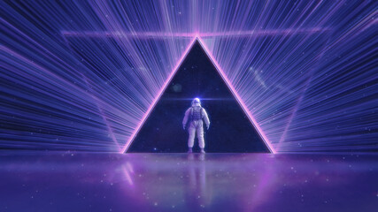 Wall Mural - NEON LIGHT PYRAMID & ASTRONAUT ::: futuristic abstract cosmic space triangle | mystery universe concept in a retro glowing synthwave style | 3D Render Illustration 8K