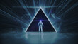 NEON LIGHT PYRAMID & ASTRONAUT ::: futuristic abstract cosmic space triangle | mystery universe concept in a retro glowing synthwave style | 3D Render Illustration 8K