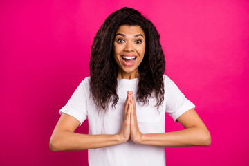 Sticker - Photo of surprised brunette young lady hold hands wear white t-shirt isolated on pink color background