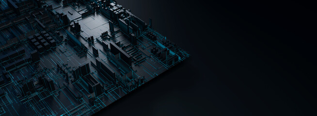 Futuristic technology horizontal banner. Circuit board with neon light on dark background. Micro structure cyberspace. 3d sci fi background. 3d render. 3d illustration.
