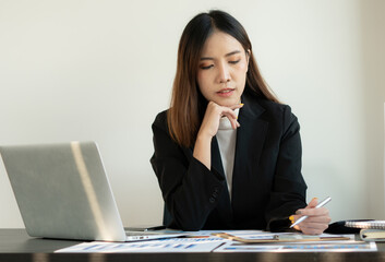 Portrait of business asian woman working in office use computer. Business owner people sme freelance online marketing ecommerce telemarketing, work from home concept