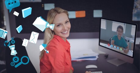 Poster - Composition of digital school icons over female teacher and schoolboy on computer online lesson