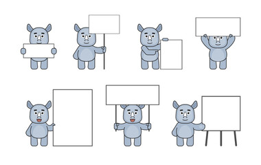 Wall Mural - Cute rhino mascots with various blank banners, signboards. Modern vector illustration