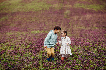 Little girl and boy walking in a field with purple flowers in countryside, holding hands.