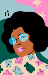 Wall Mural - Beautiful black Woman in blue sunglasses and bright shirt. Closeup fashion portrait of cute young lady. Hand drawn Vector illustration. Template for card, poster, banner, t-shirt print