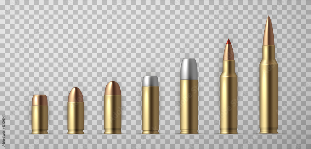 Collection of realistic bullet vector illustration. Set of weapon ammo various types and size - obrazy, fototapety, plakaty 