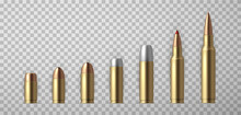 Collection Of Realistic Bullet Vector Illustration. Set Of Weapon Ammo Various Types And Size