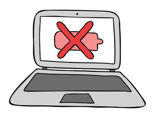 Poster - Cartoon vector illustration of laptop computer with dead battery.
