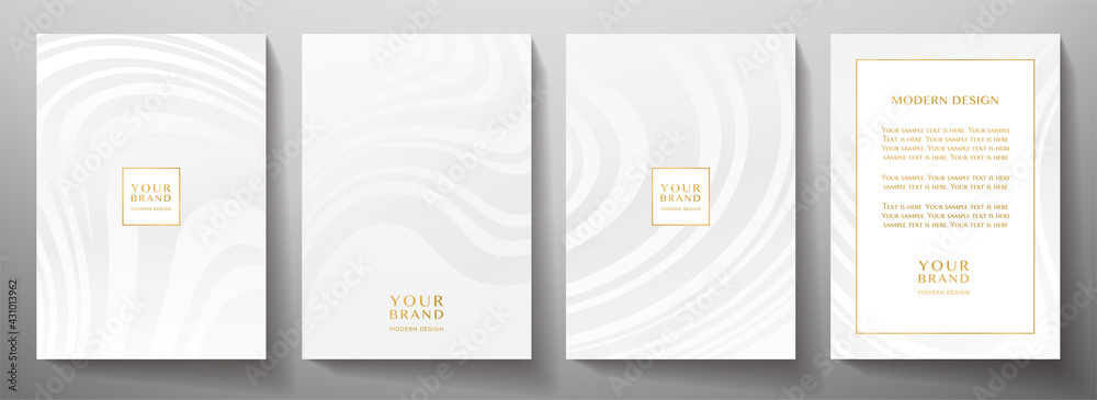 Modern white cover, frame design set. Abstract wavy line pattern (curves) in monochrome. Creative stripe vector collection for business background page, brochure template, booklet, vertical flyer - obrazy, fototapety, plakaty 