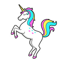 Unicorn Prancing On Hind Hooves Cartoon Icon. Rearing Fabulous Horse With Rainbow Tail, Mane.