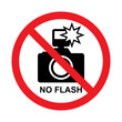 No flash photography sign, Prohibition symbol sticker for area places, Isolated on white background, Flat design vector illustration