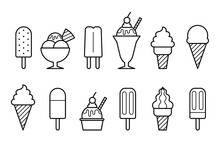 Ice Cream Outline Icons Set, Simple Flat Design Isolated On White Background, Vector Illustration