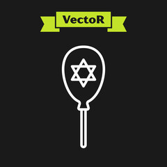 Poster - White line Balloons with ribbon with star of david icon isolated on black background. Balloon with israel flag. Vector