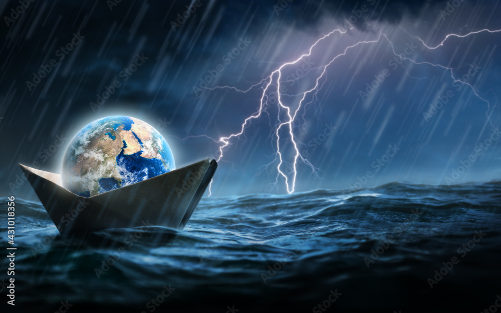 World in a paper boat floating in the ocean in a middle of a storm. Faith despite of world crisis and hardship conceptual theme. - obrazy, fototapety, plakaty 
